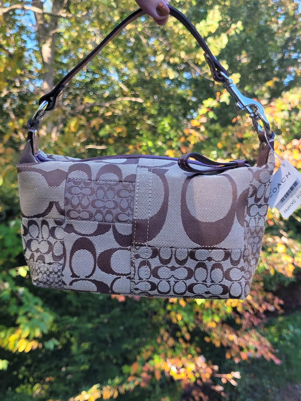 Coach Brown Signature Patchwork Mini Shoulder Bag with Leather Trim